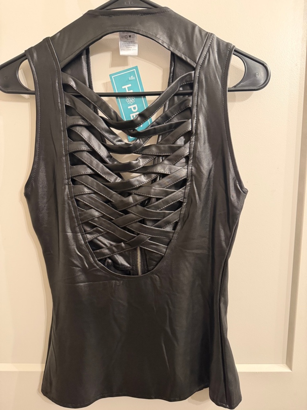 Lydia USA Black Faux Leather Lace-Up Front Zip Women's Top - Picture 2 of 3